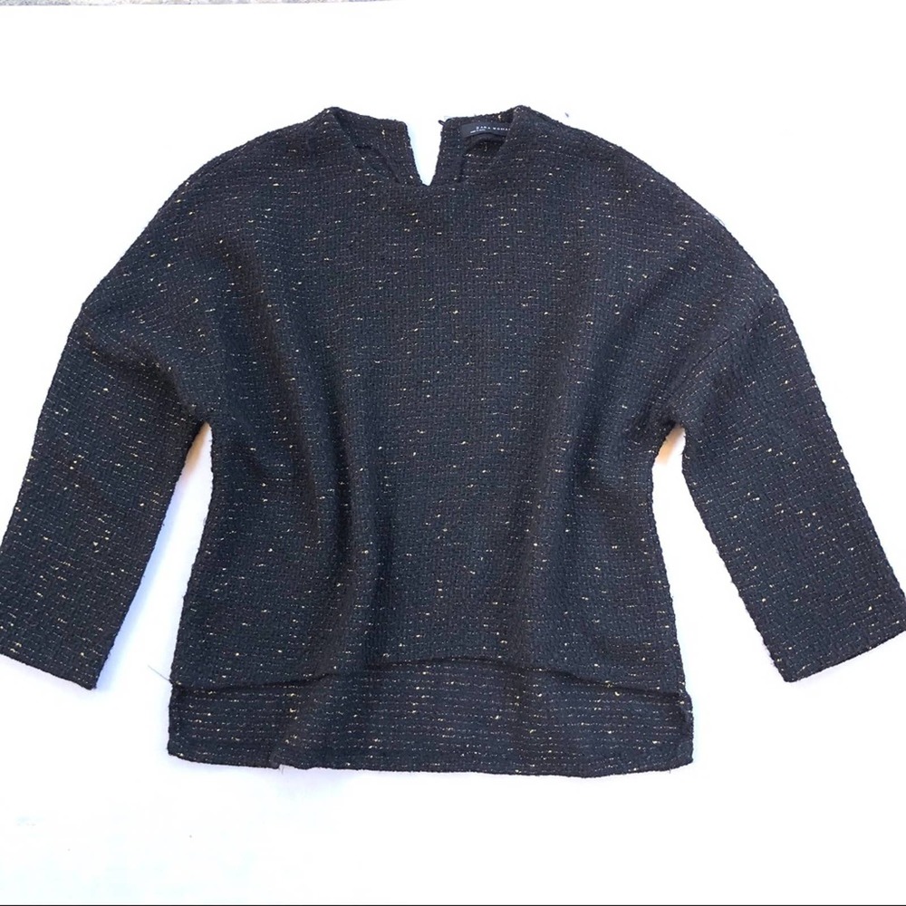 Zara Black Tweed Knit Top W/ Metallic Gold Thread